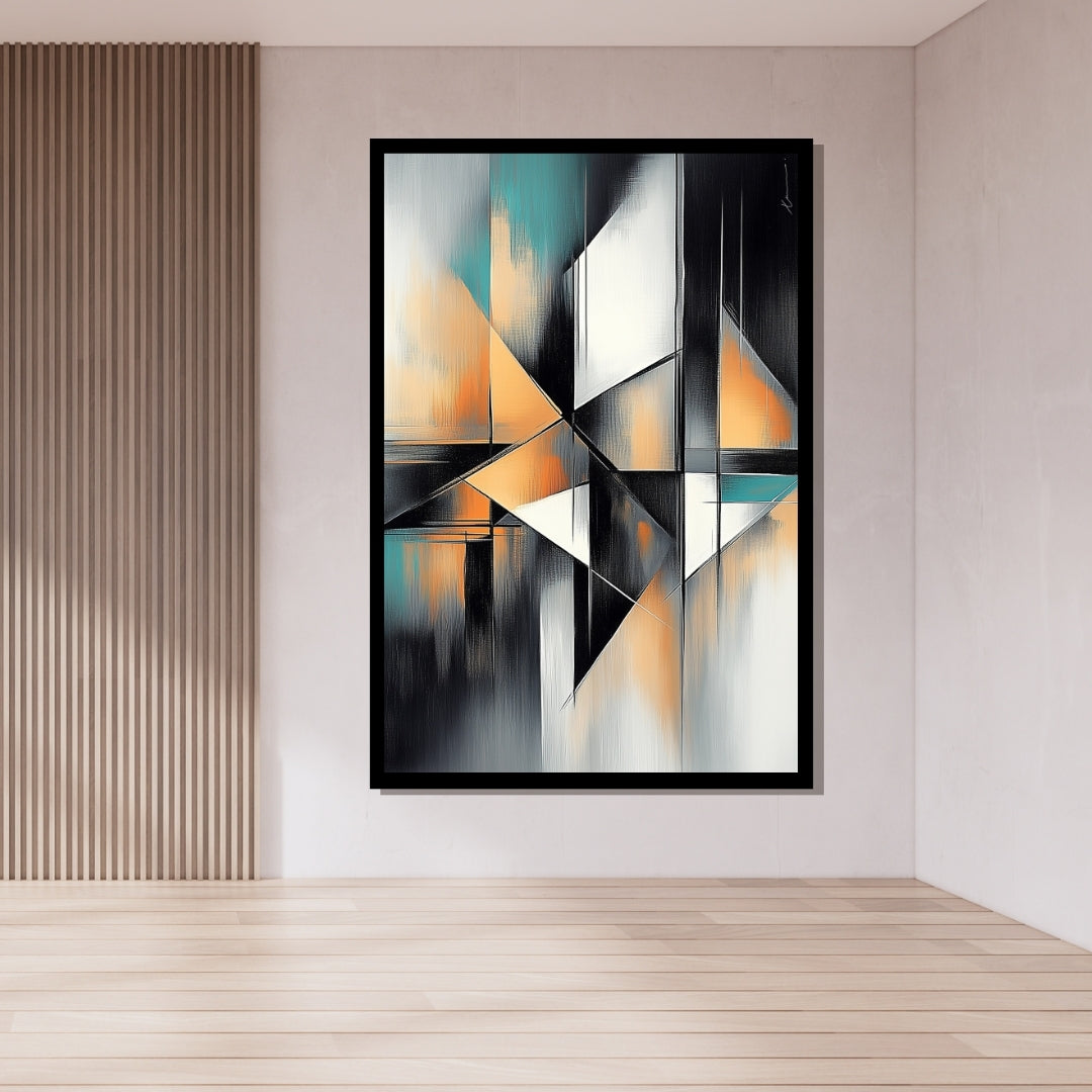“Lost in Thoughts” by Xennoir – abstract geometric painting in teal, black, white, and orange tones, symbolizing mental fragmentation and introspection.