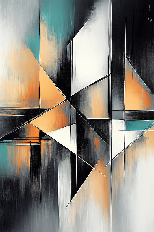 “Lost in Thoughts” by Xennoir – abstract geometric painting in teal, black, white, and orange tones, symbolizing mental fragmentation and introspection.