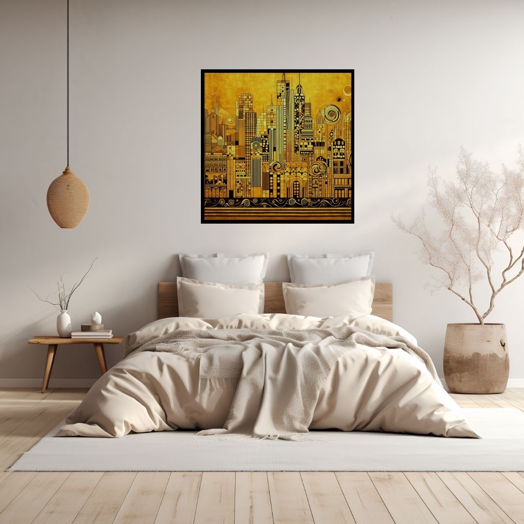 “Luminous Metropolis” by ArtixHub – abstract canvas wall art featuring a radiant skyline in deep navy, ivory, and glowing golden tones, ideal for offices, lounge areas, or modern entryways. This atmospheric cityscape adds urban elegance and nighttime energy to UAE homes seeking refined, metropolitan flair.