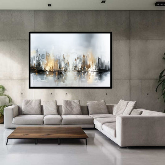 “Metropolitan Haze” by ArtixHub – abstract canvas wall art featuring a layered city skyline in white, black, and brushed gold tones, ideal for offices, entryways, or lounge spaces. This expressive cityscape blends elegance and structure, making it a refined urban statement for UAE homes with modern and metropolitan taste.