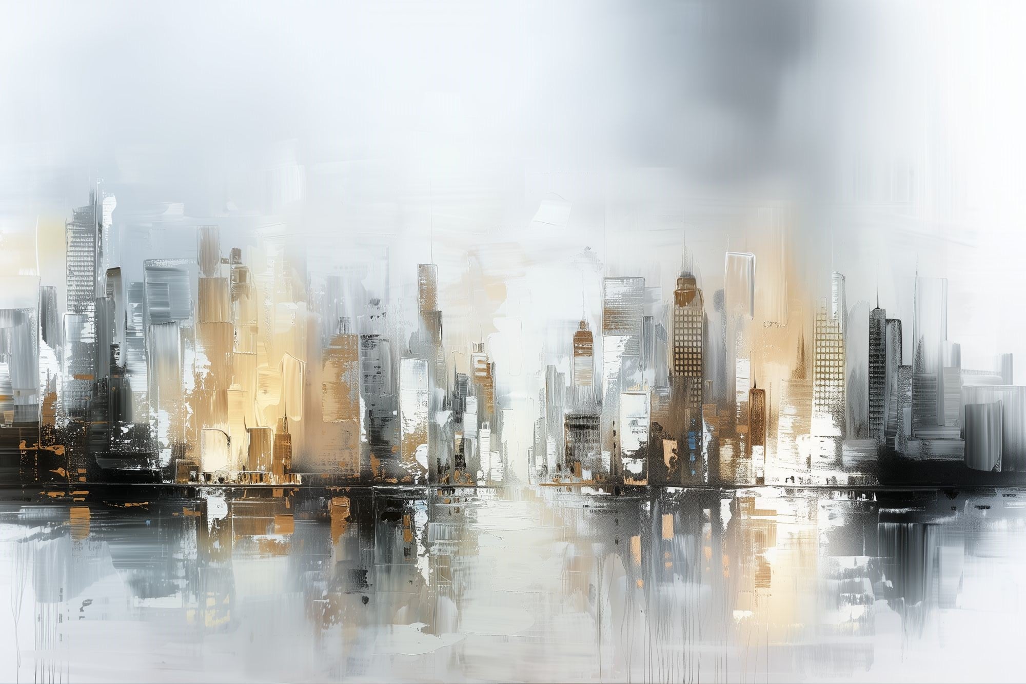 “Metropolitan Haze” by ArtixHub – abstract canvas wall art featuring a layered city skyline in white, black, and brushed gold tones, ideal for offices, entryways, or lounge spaces. This expressive cityscape blends elegance and structure, making it a refined urban statement for UAE homes with modern and metropolitan taste.