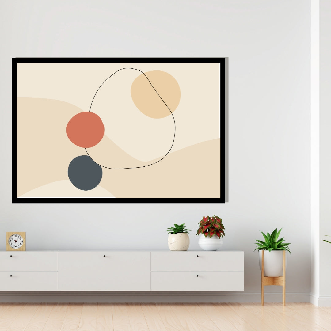 “Mirela” by Clara Moret – minimalist abstract wall art with terracotta, charcoal, and pale beige shapes on a soft neutral background.