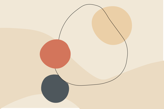 “Mirela” by Clara Moret – minimalist abstract wall art with terracotta, charcoal, and pale beige shapes on a soft neutral background.