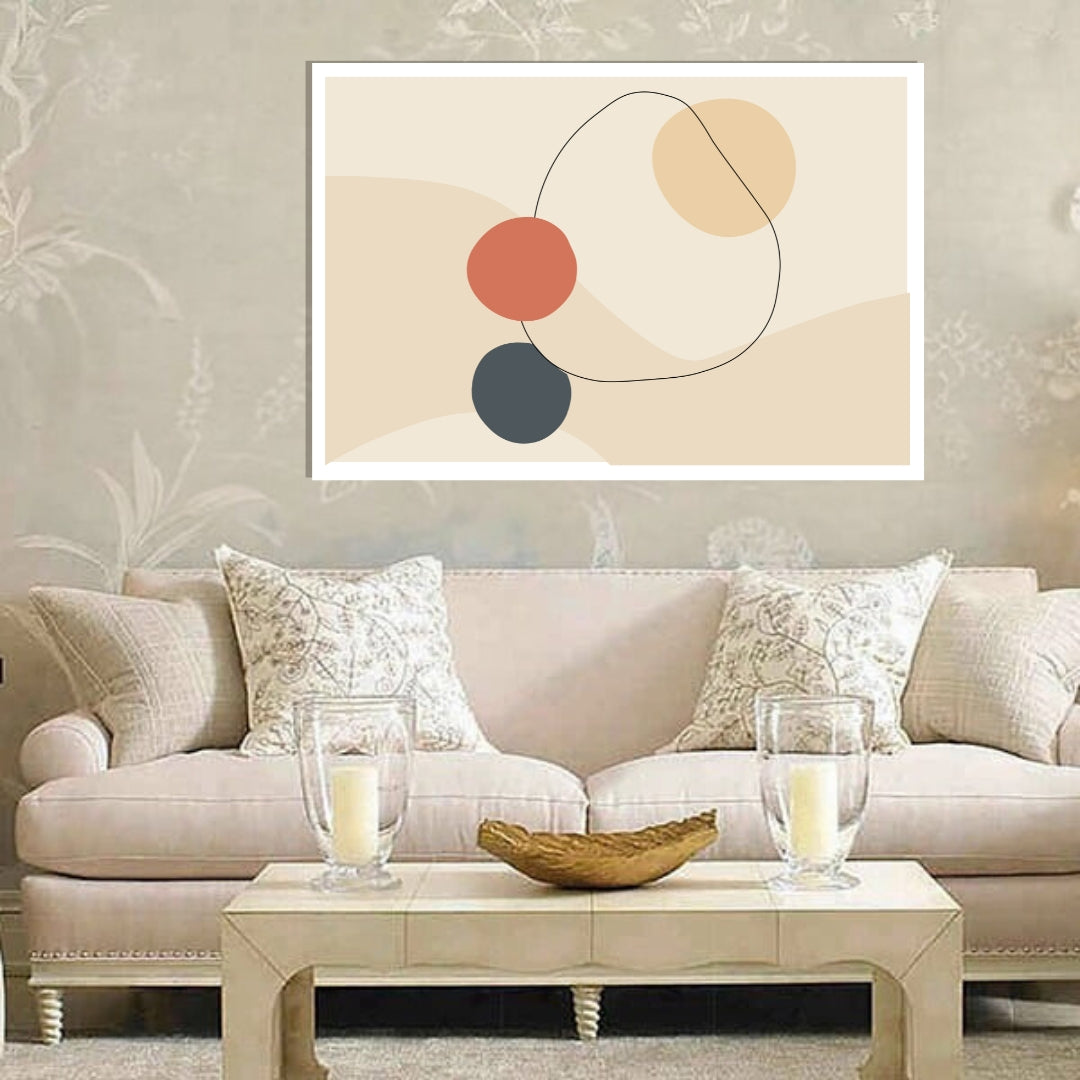 “Mirela” by Clara Moret – minimalist abstract wall art with terracotta, charcoal, and pale beige shapes on a soft neutral background.