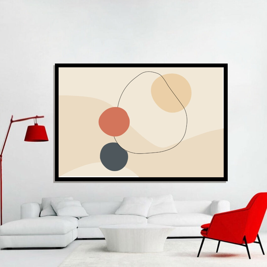 “Mirela” by Clara Moret – minimalist abstract wall art with terracotta, charcoal, and pale beige shapes on a soft neutral background.