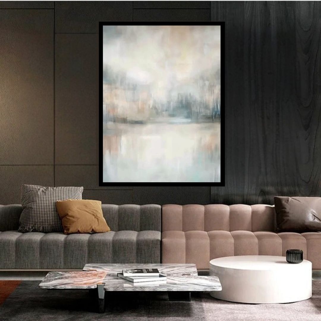 “Mistlit River” by Sarah Lemaire – abstract painting in ivory, grey, and blush tones, inspired by a foggy river landscape at dawn.