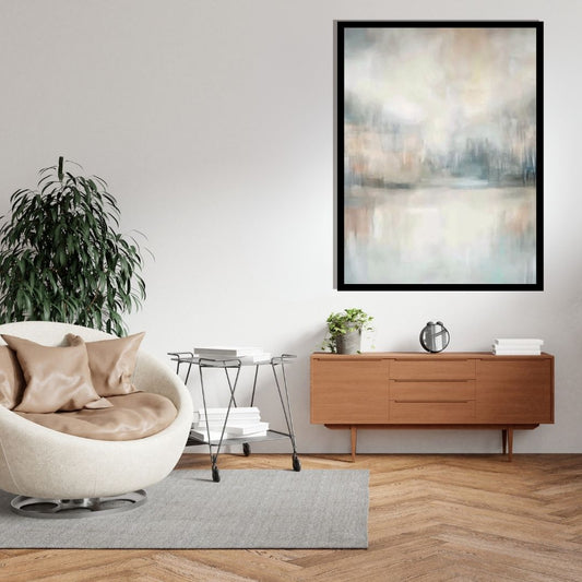 “Mistlit River” by Sarah Lemaire – abstract painting in ivory, grey, and blush tones, inspired by a foggy river landscape at dawn.