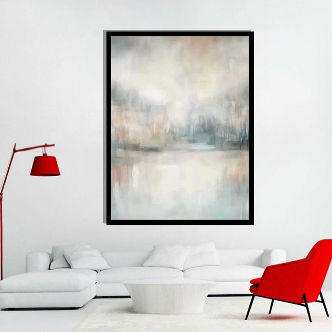 “Mistlit River” by Sarah Lemaire – abstract painting in ivory, grey, and blush tones, inspired by a foggy river landscape at dawn.