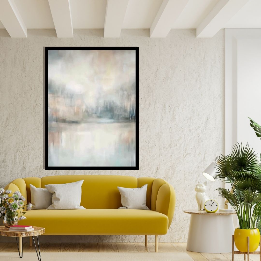 “Mistlit River” by Sarah Lemaire – abstract painting in ivory, grey, and blush tones, inspired by a foggy river landscape at dawn.