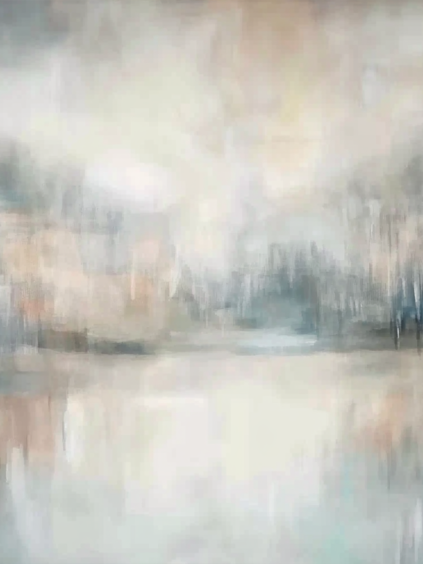 “Mistlit River” by Sarah Lemaire – abstract painting in ivory, grey, and blush tones, inspired by a foggy river landscape at dawn.