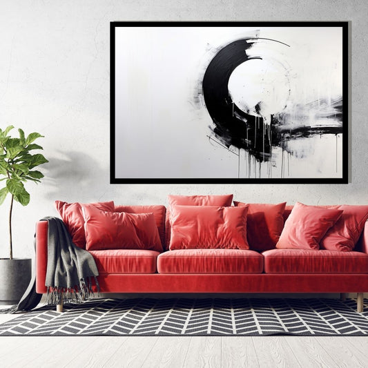 “Monochrome Orbit” by ArtixHub, geometric canvas wall art with intersecting black and white shapes