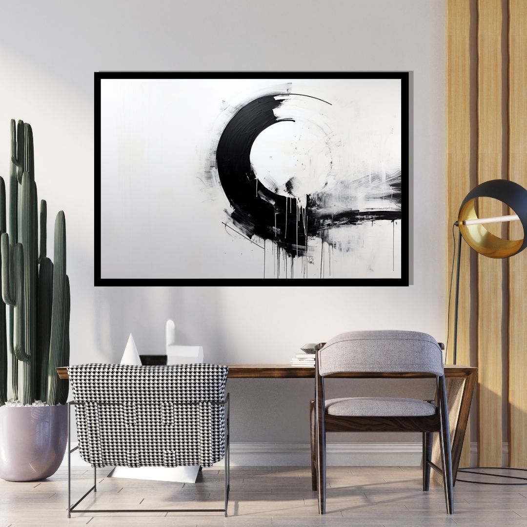 “Monochrome Orbit” by ArtixHub – geometric canvas wall art featuring intersecting black and white semicircles with balanced negative space, ideal for offices, studios, or entryways. A striking modern composition that adds symmetry and bold contrast to UAE homes with minimalist or design-forward interiors.