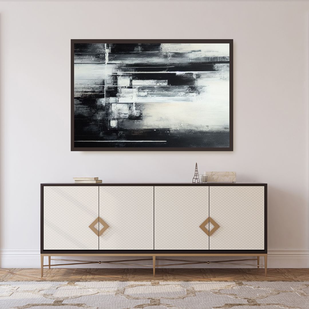 “Monochrome Vistas” by ArtixHub – abstract canvas wall art featuring layered mountain-like forms in black, white, and slate gray tones, ideal for offices, entryways, or reading nooks. This refined and serene piece adds depth and elegance to UAE homes with minimalist and monochrome interior palettes.