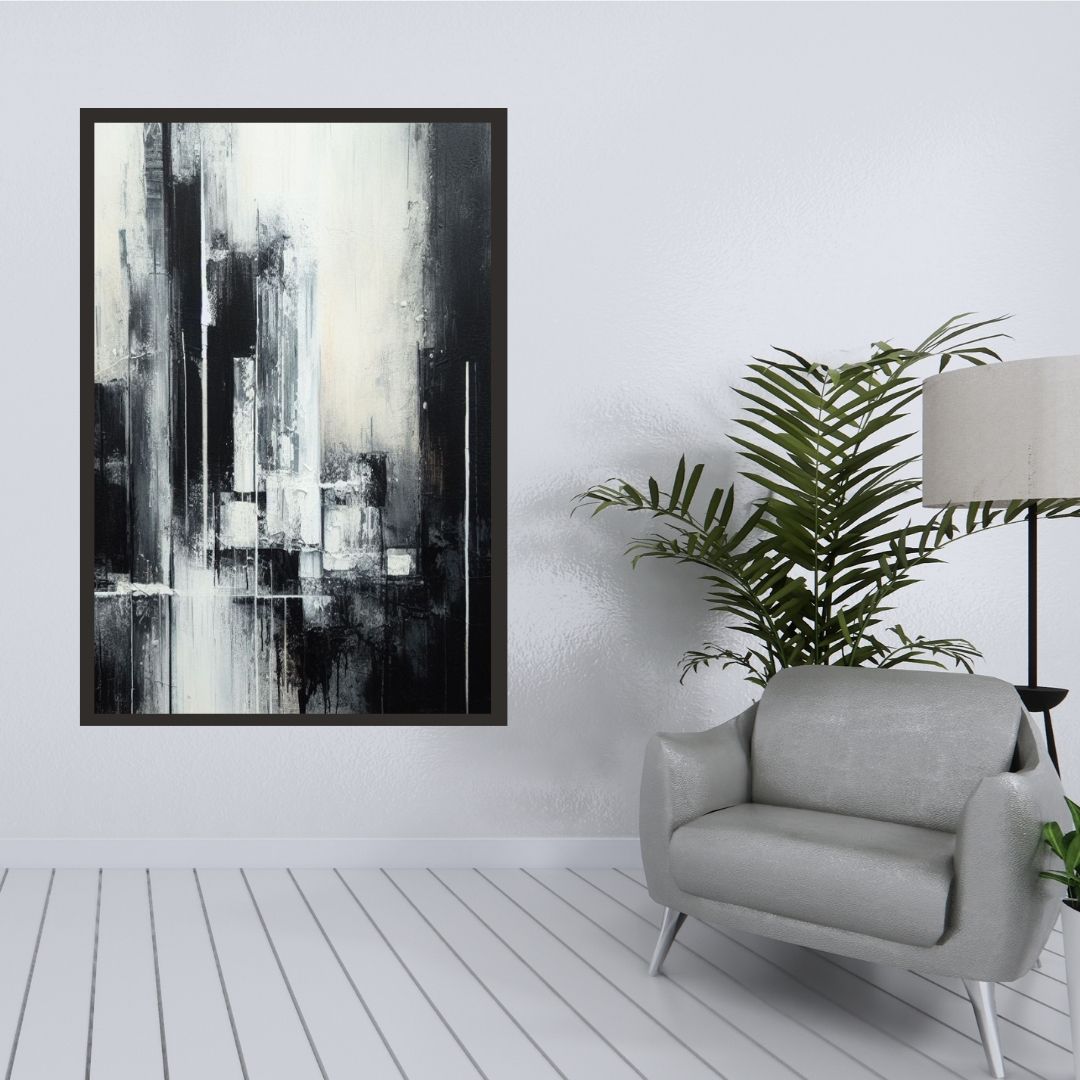 “Monochrome Vistas” by ArtixHub – abstract canvas wall art featuring layered mountain-like forms in black, white, and slate gray tones, ideal for offices, entryways, or reading nooks. This refined and serene piece adds depth and elegance to UAE homes with minimalist and monochrome interior palettes.