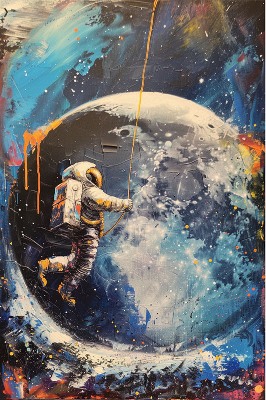 “Moondancer” by ArtixHub – surreal canvas wall art featuring an astronaut in a flowing robe swinging beneath a celestial moon in deep navy and soft white tones, ideal for kids' rooms, studios, or wellness spaces. This imaginative and poetic piece adds cosmic calm and whimsy to UAE homes with a love for fantasy and space.