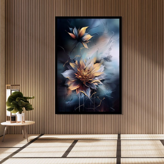 “Moonlit Blossom” by ArtixHub, expressive floral canvas wall art in rich orange and blue tones