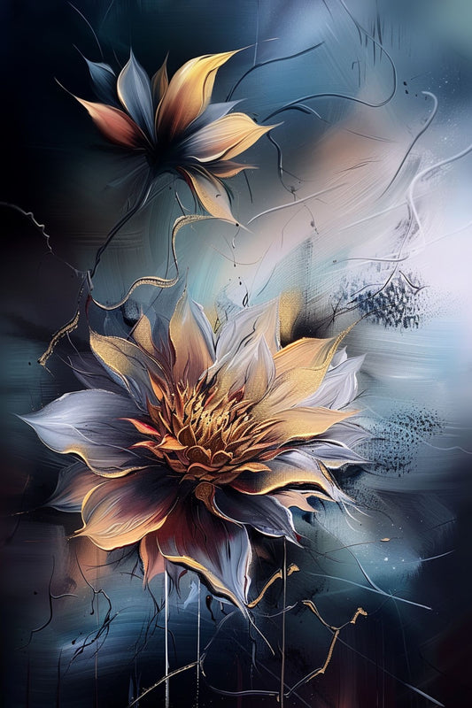 “Moonlit Blossom” by ArtixHub – expressive floral canvas wall art in rich orange, blue, and white hues, capturing a dramatic bloom against a moody night-toned background, ideal for bedrooms, wellness spaces, or reading nooks. This painterly piece brings emotion and depth to UAE homes through bold brushwork and floral beauty.