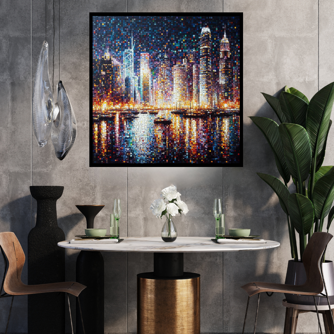 “Mosaic Mirage” by ArtixHub – abstract canvas wall art featuring a patchwork of colorful, tile-like patterns in vibrant teal, orange, yellow, and navy, ideal for studios, game rooms, or dining spaces. This eclectic composition adds personality and cultural flair to UAE homes that embrace vibrant, artistic storytelling.
