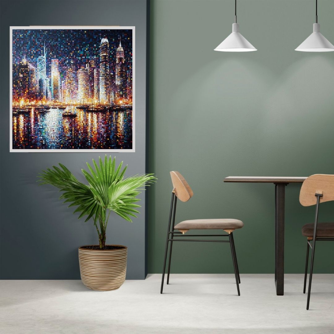 “Mosaic Mirage” by ArtixHub – abstract canvas wall art featuring a patchwork of colorful, tile-like patterns in vibrant teal, orange, yellow, and navy, ideal for studios, game rooms, or dining spaces. This eclectic composition adds personality and cultural flair to UAE homes that embrace vibrant, artistic storytelling.