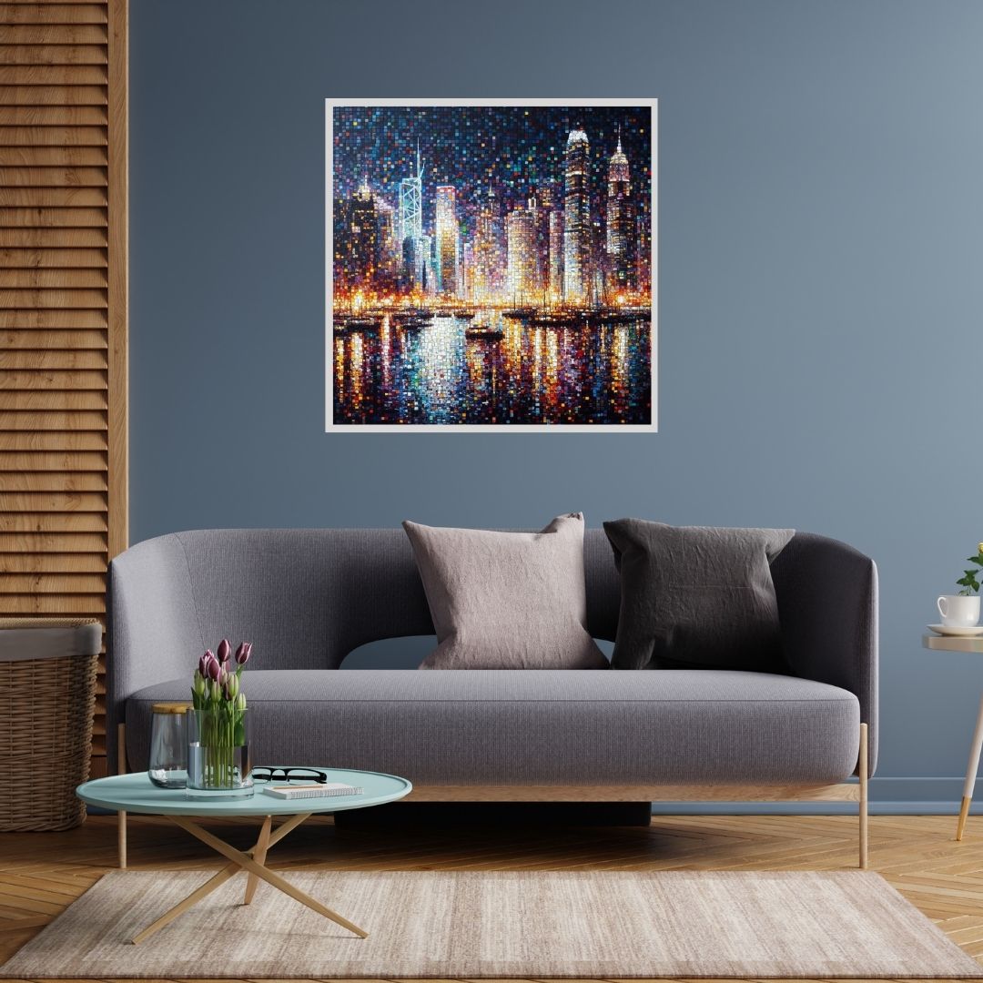 “Mosaic Mirage” by ArtixHub – abstract canvas wall art featuring a patchwork of colorful, tile-like patterns in vibrant teal, orange, yellow, and navy, ideal for studios, game rooms, or dining spaces. This eclectic composition adds personality and cultural flair to UAE homes that embrace vibrant, artistic storytelling.
