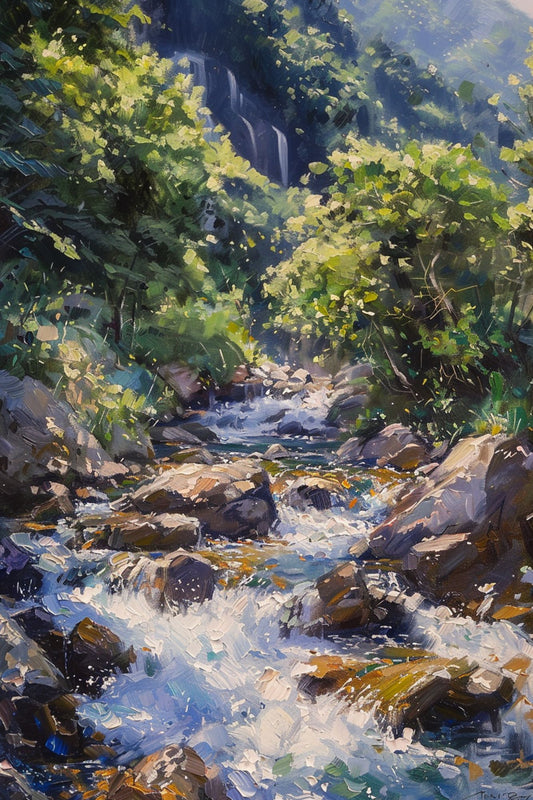 “Mountain Melody” by ArtixHub – nature-inspired canvas wall art featuring a tranquil river, lush greenery, and rocky peaks in soft earthy tones, ideal for bedrooms, reading nooks, or wellness spaces. This calming landscape brings natural serenity and grounding presence to UAE homes embracing peaceful, scenic decor.