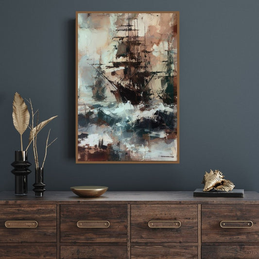 “Navigating Fury” by ArtixHub, abstract canvas wall art with bold strokes of crimson and navy