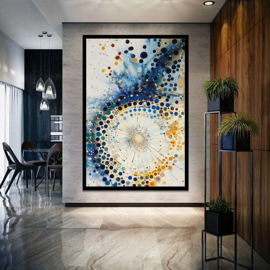 “Nebula Burst” by ArtixHub, abstract canvas wall art radiating circular energy in vibrant orange