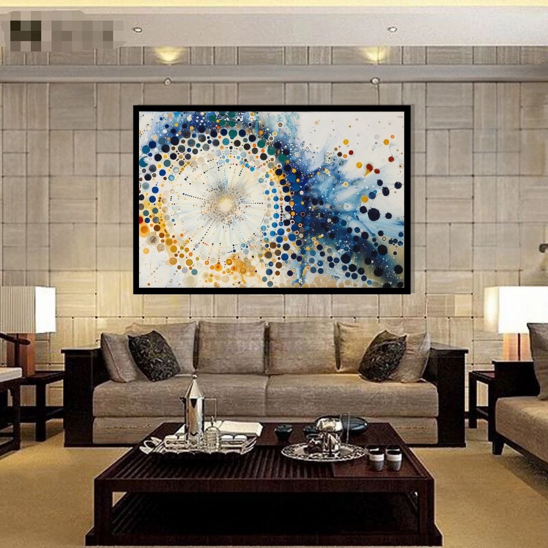 “Nebula Burst” by ArtixHub – abstract canvas wall art radiating circular energy in vibrant orange, deep navy, and white, evoking a cosmic explosion, ideal for game rooms, studios, or lounge spaces. This bold, energetic piece adds dynamic movement and futuristic flair to UAE homes that embrace space-inspired creativity.
