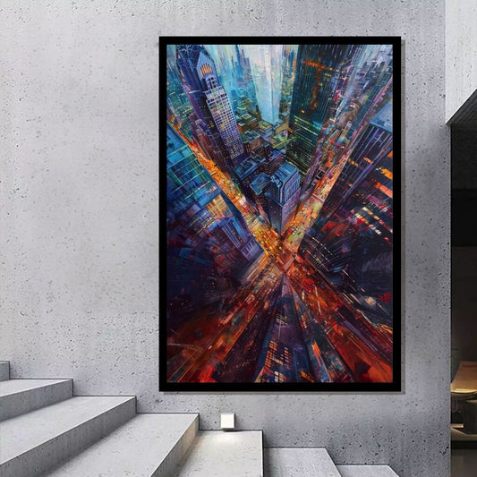 “Neon Heights” by ArtixHub, pop art canvas wall art capturing a bustling urban street