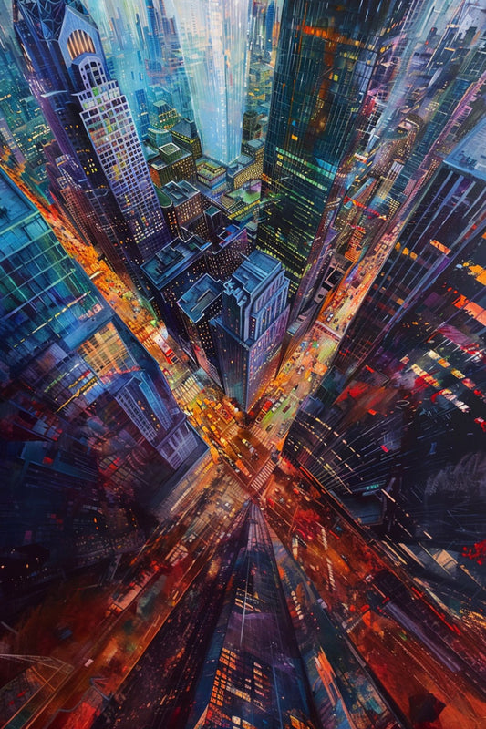 “Neon Heights” by ArtixHub – pop art canvas wall art capturing a bustling urban street with colorful lights, cars, and towering buildings in electric pinks, yellows, and purples, ideal for game rooms, studios, or modern living rooms. This energetic piece brings metropolitan life and vibrant movement to UAE homes with a love for bold city visuals.