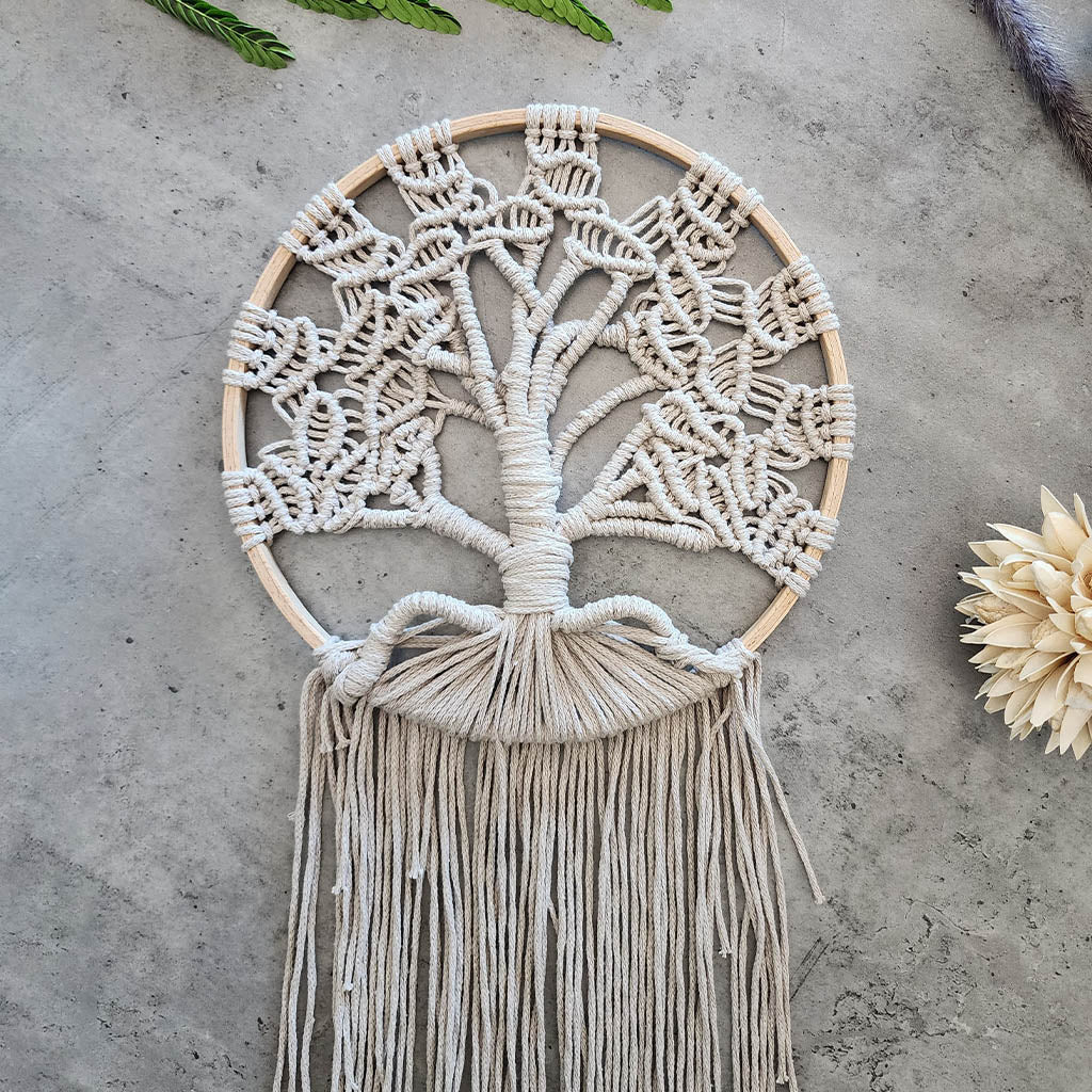 “Neutral Paradise” by ArtixHub – handwoven natural-cotton macramé tree silhouette wall art with delicate fringe and hoop frame, offering minimalist boho elegance. Ideal for modern bedrooms, hallways, or minimalist living spaces, adding serene texture to UAE décor.