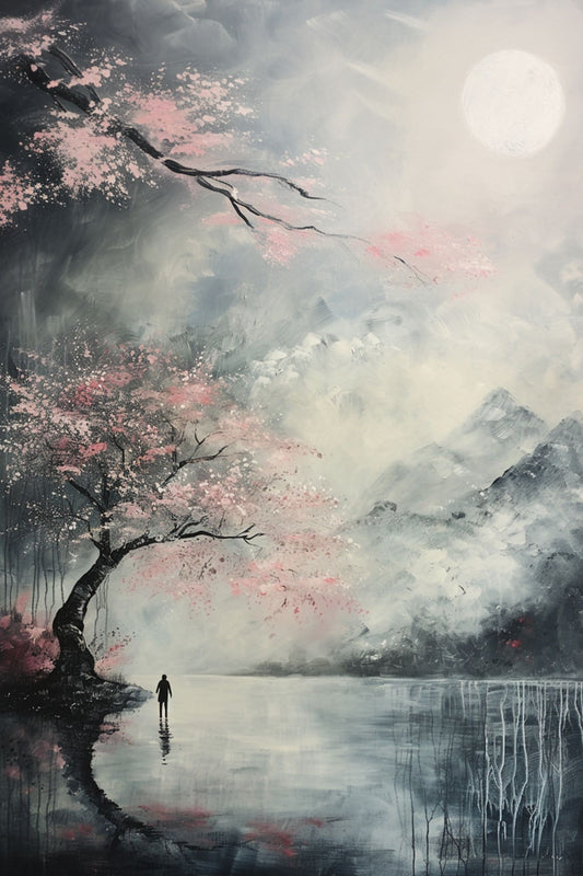 “Nocturnal Petals” by ArtixHub – landscape canvas wall art portraying a dreamy riverside scene with cherry blossoms, water reflections, and misty mountains in soft pinks and dusk blues, ideal for bedrooms, wellness areas, or lounge spaces. A tranquil and poetic composition perfect for UAE homes that embrace peaceful natural beauty with an Eastern flair.
