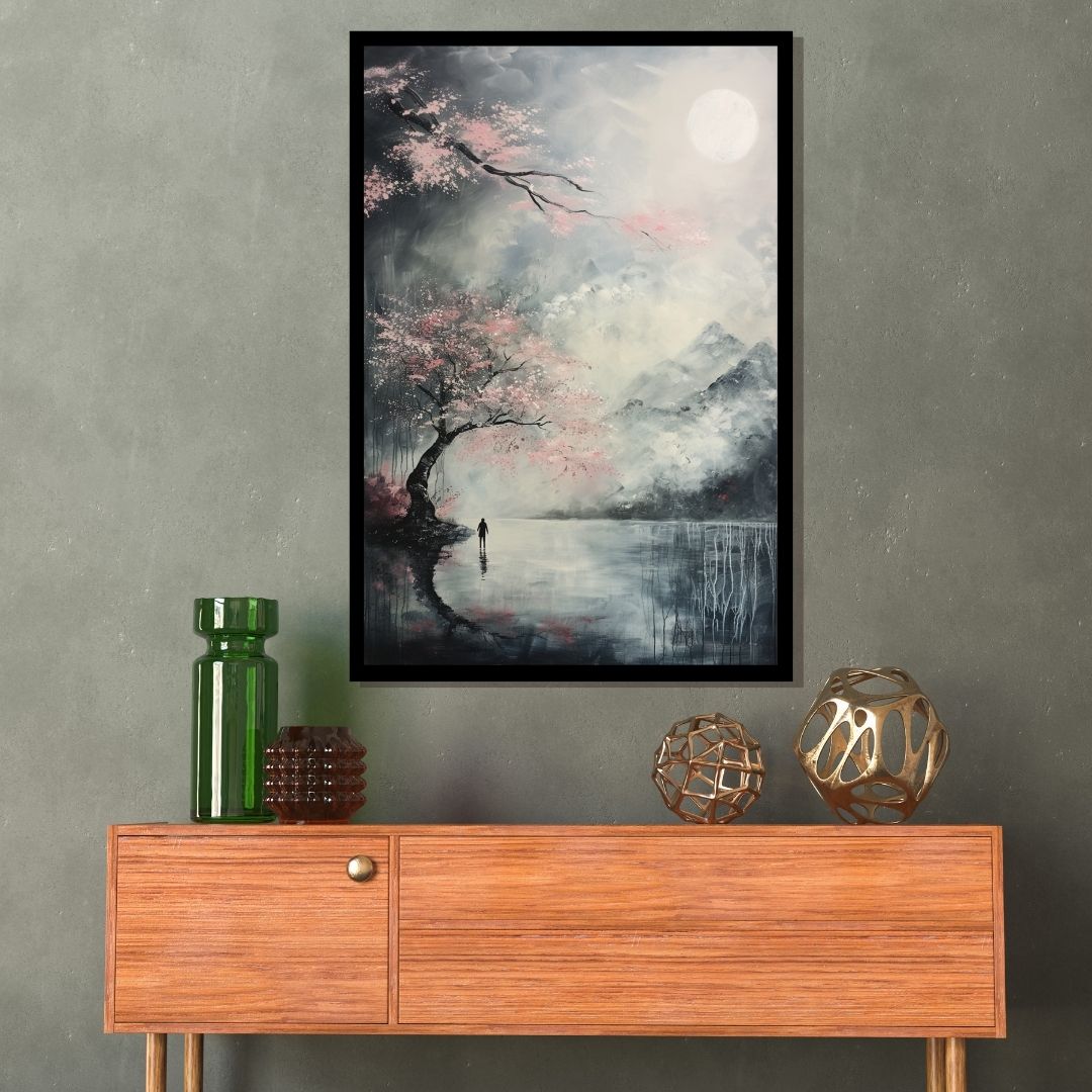 “Nocturnal Petals” by ArtixHub – landscape canvas wall art portraying a dreamy riverside scene with cherry blossoms, water reflections, and misty mountains in soft pinks and dusk blues, ideal for bedrooms, wellness areas, or lounge spaces. A tranquil and poetic composition perfect for UAE homes that embrace peaceful natural beauty with an Eastern flair.