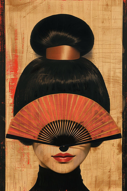 “Noir Reflection” by ArtixHub – figurative canvas wall art featuring a mysterious female figure behind a traditional hand fan, rendered in soft tones of beige, black, and pale pink, ideal for dressing rooms, bedrooms, or wellness spaces. This elegant piece blends cultural mystique with modern refinement, perfect for UAE homes with artistic, fashion-forward interiors.