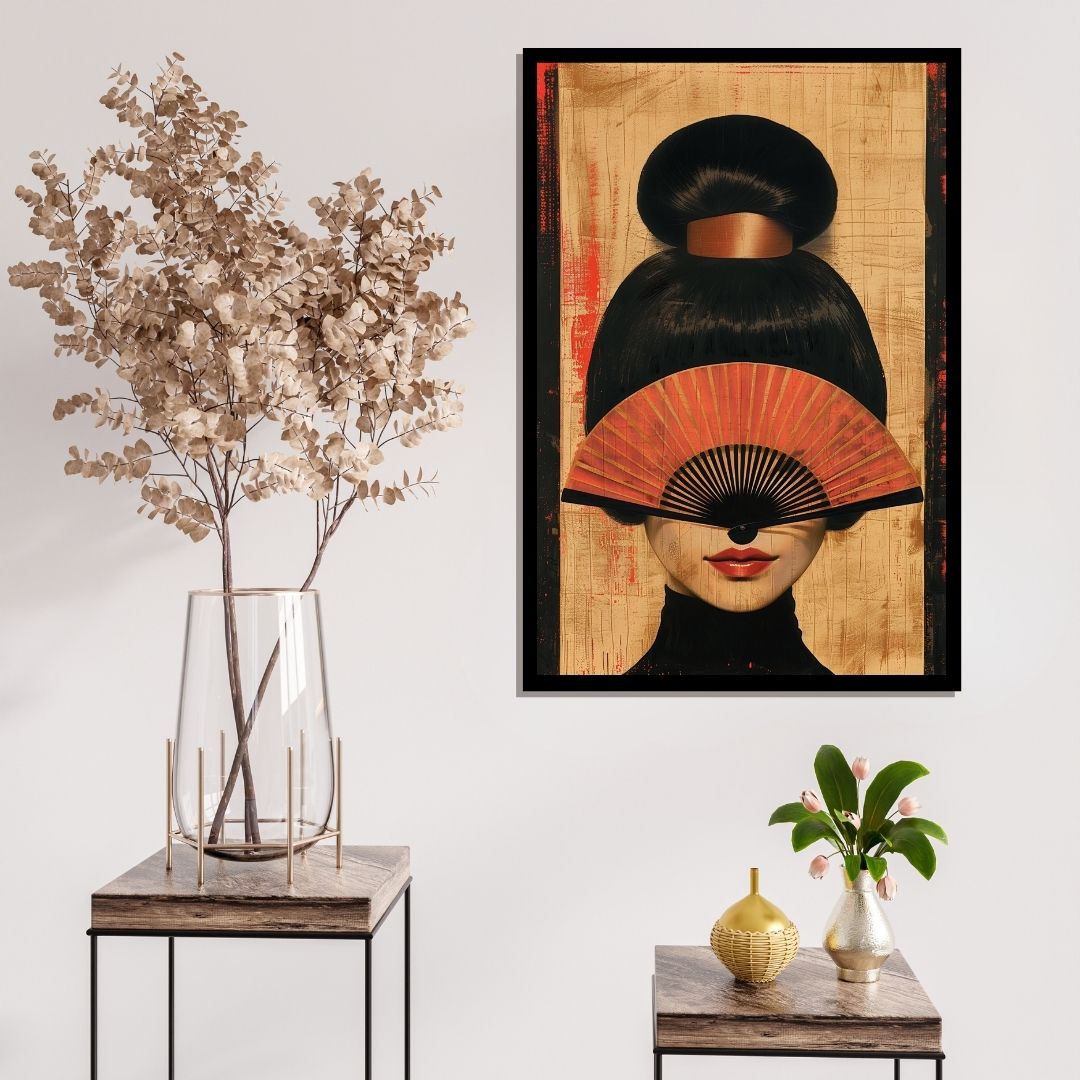 “Noir Reflection” by ArtixHub – figurative canvas wall art featuring a mysterious female figure behind a traditional hand fan, rendered in soft tones of beige, black, and pale pink, ideal for dressing rooms, bedrooms, or wellness spaces. This elegant piece blends cultural mystique with modern refinement, perfect for UAE homes with artistic, fashion-forward interiors.
