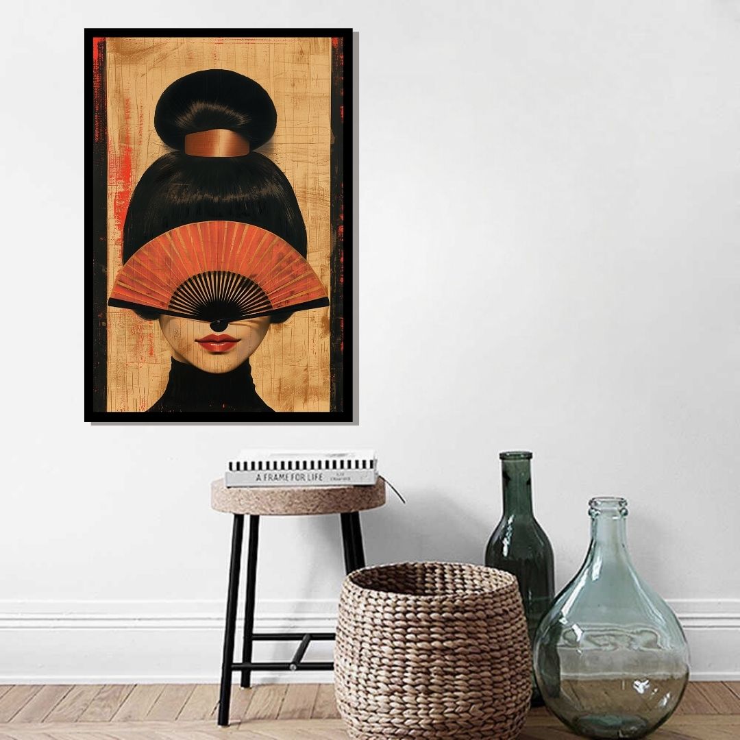 “Noir Reflection” by ArtixHub – figurative canvas wall art featuring a mysterious female figure behind a traditional hand fan, rendered in soft tones of beige, black, and pale pink, ideal for dressing rooms, bedrooms, or wellness spaces. This elegant piece blends cultural mystique with modern refinement, perfect for UAE homes with artistic, fashion-forward interiors.