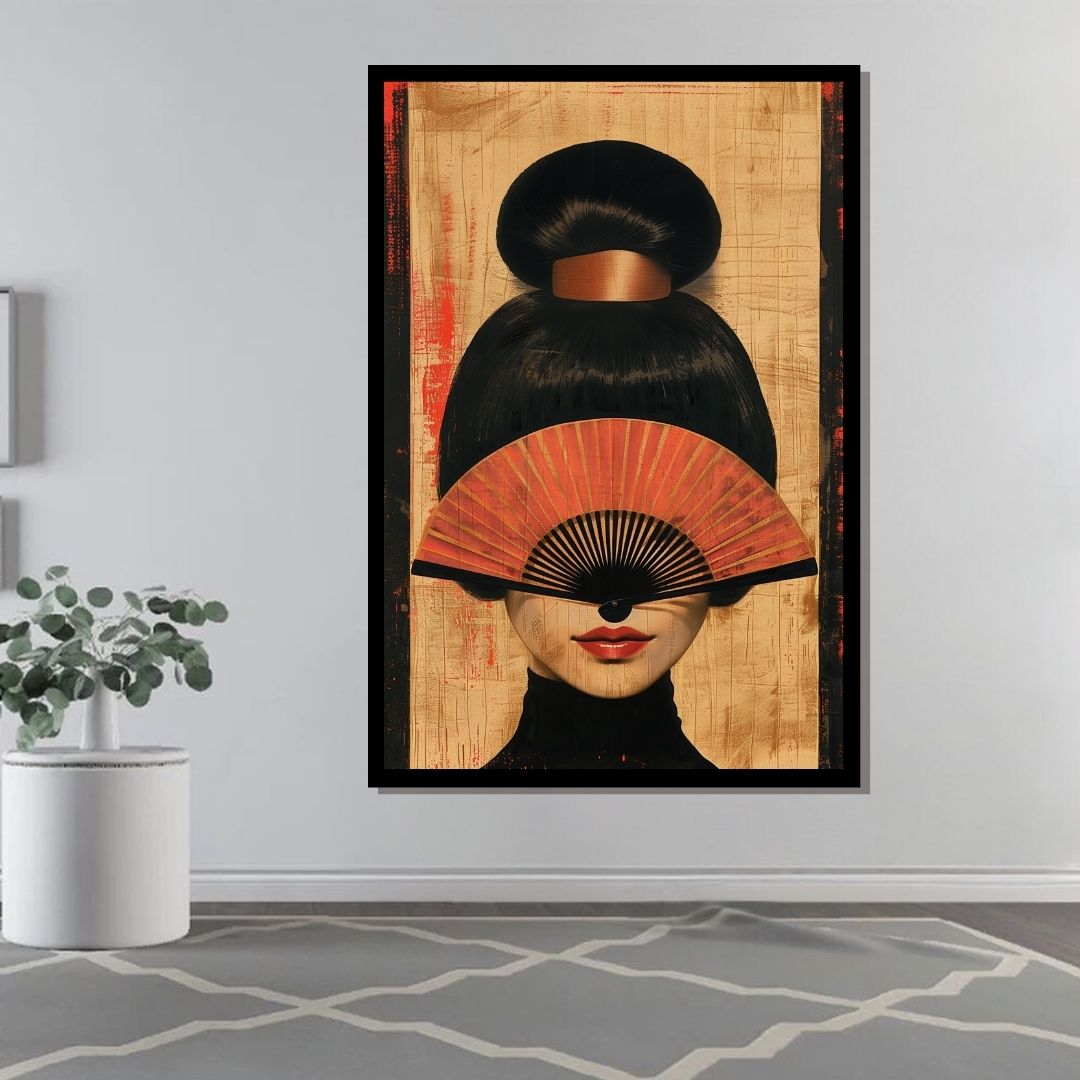 “Noir Reflection” by ArtixHub – figurative canvas wall art featuring a mysterious female figure behind a traditional hand fan, rendered in soft tones of beige, black, and pale pink, ideal for dressing rooms, bedrooms, or wellness spaces. This elegant piece blends cultural mystique with modern refinement, perfect for UAE homes with artistic, fashion-forward interiors.