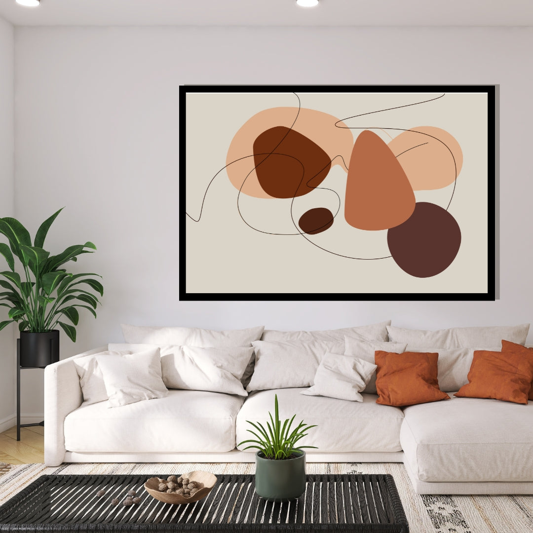 “Ochra” by Clara Moret – abstract minimalist wall art with overlapping warm brown, terracotta, and peach shapes outlined by fine black lines on a light background.