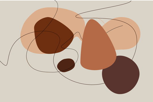 “Ochra” by Clara Moret – abstract minimalist wall art with overlapping warm brown, terracotta, and peach shapes outlined by fine black lines on a light background.