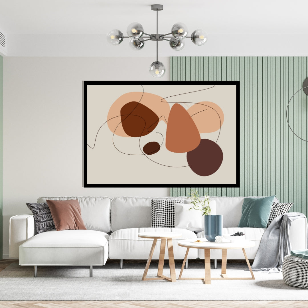“Ochra” by Clara Moret – abstract minimalist wall art with overlapping warm brown, terracotta, and peach shapes outlined by fine black lines on a light background.