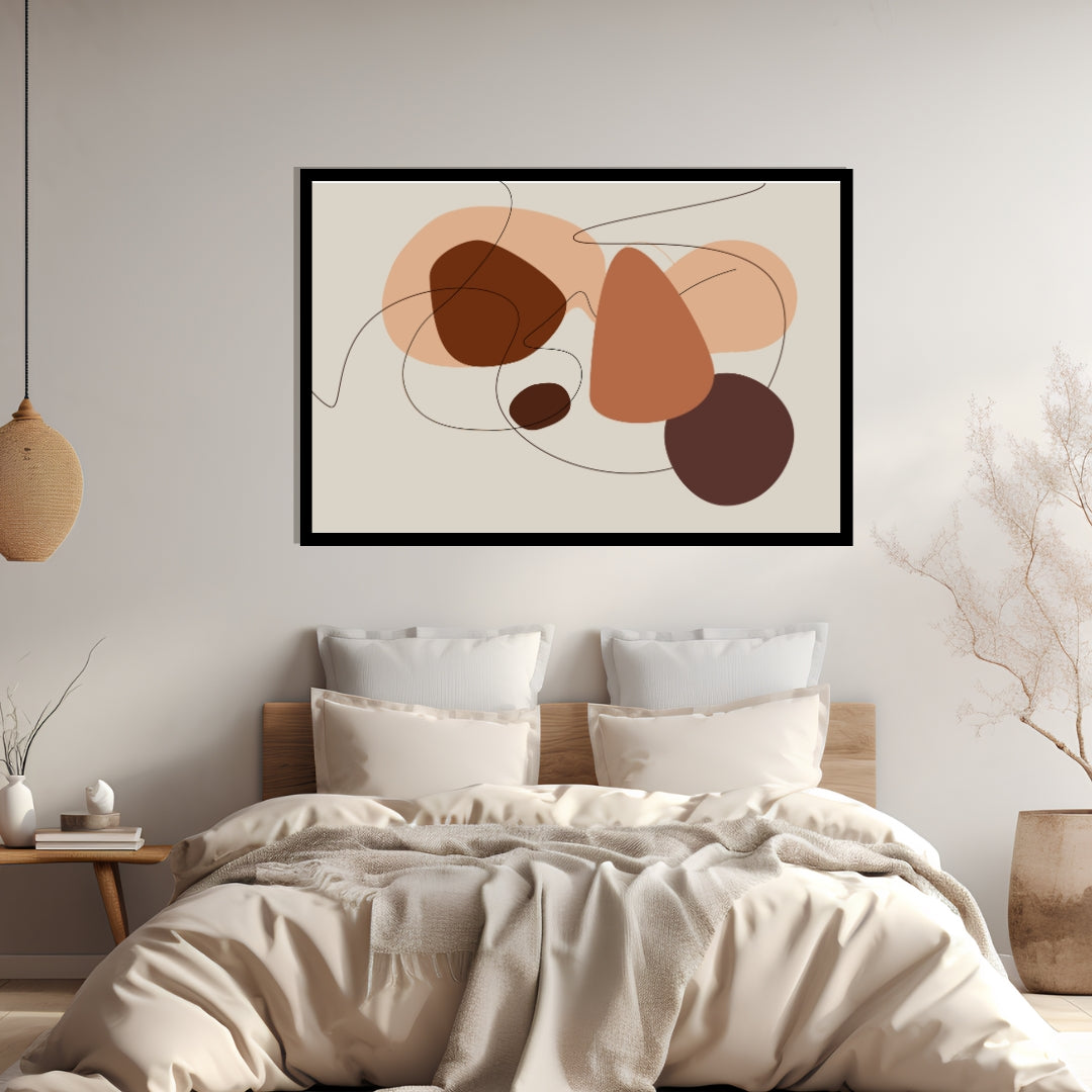 “Ochra” by Clara Moret – abstract minimalist wall art with overlapping warm brown, terracotta, and peach shapes outlined by fine black lines on a light background.