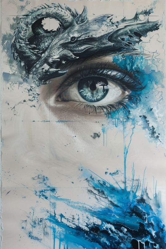 “Ocular Oracle” by ArtixHub – surreal canvas wall art featuring an intense dragon-like eye in striking blue and silver tones, surrounded by cosmic detail and sharp brushwork, ideal for studios, game rooms, or bold modern offices. A captivating focal piece perfect for UAE homes that embrace fantasy, mystery, and statement design.