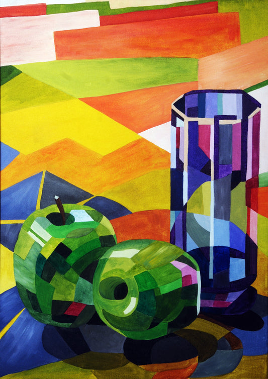 Colorful abstract still life with apples and a vase on a geometric Cubist still life painting with apples and glass inspired by Cézanne, reinterpreted by Mira Ayyash.