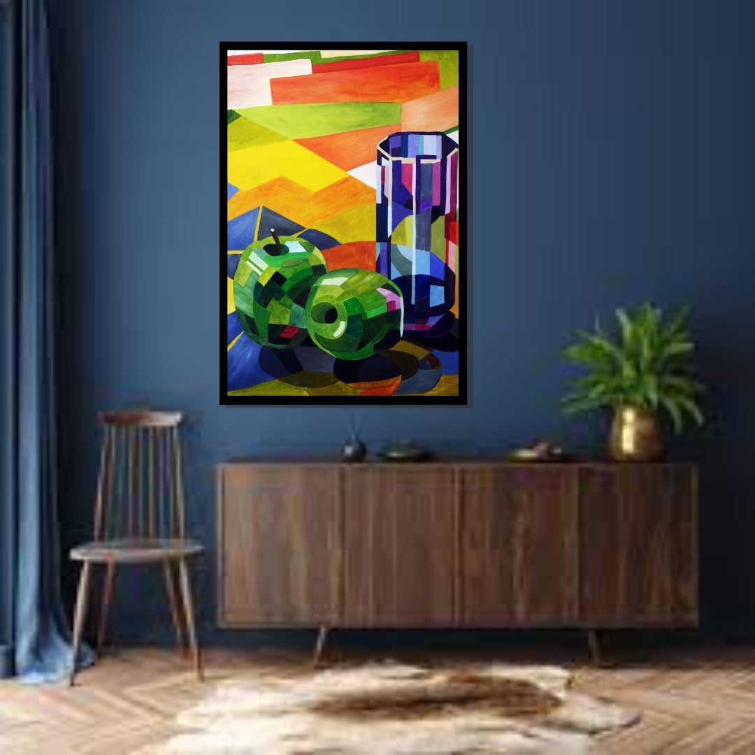Colorful abstract still life with apples and a vase on a geometric Cubist still life painting with apples and glass inspired by Cézanne, reinterpreted by Mira Ayyash.