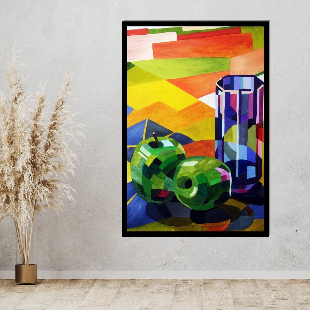 Colorful abstract still life with apples and a vase on a geometric Cubist still life painting with apples and glass inspired by Cézanne, reinterpreted by Mira Ayyash.