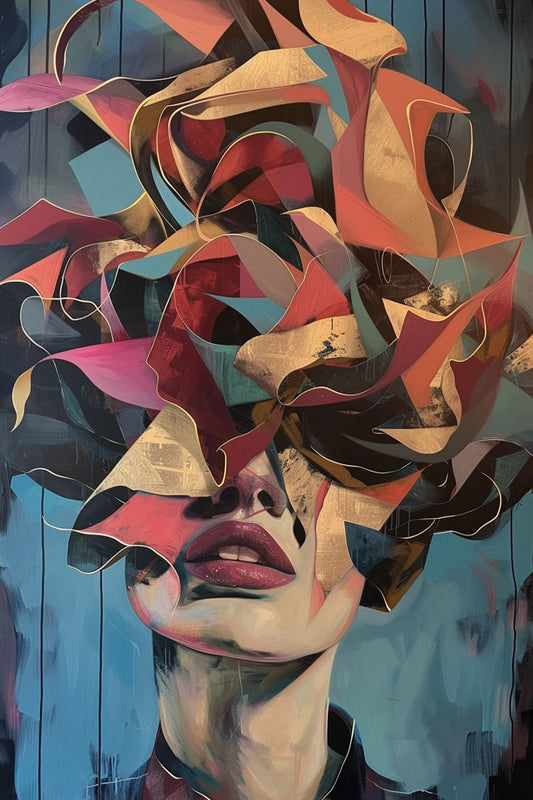 “Pieces of Persona” by ArtixHub – figurative canvas wall art depicting a woman fragmented by flowing ribbons in bold red, pink, and white hues, ideal for dressing rooms, studios, or bedroom spaces. This expressive piece captures movement, identity, and transformation, perfect for UAE homes with artistic and fashion-forward interiors.