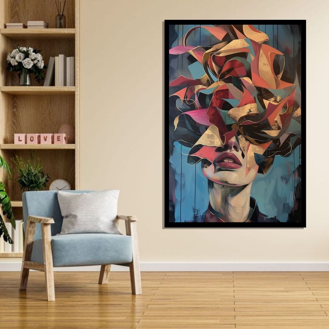 “Pieces of Persona” by ArtixHub – figurative canvas wall art depicting a woman fragmented by flowing ribbons in bold red, pink, and white hues, ideal for dressing rooms, studios, or bedroom spaces. This expressive piece captures movement, identity, and transformation, perfect for UAE homes with artistic and fashion-forward interiors.