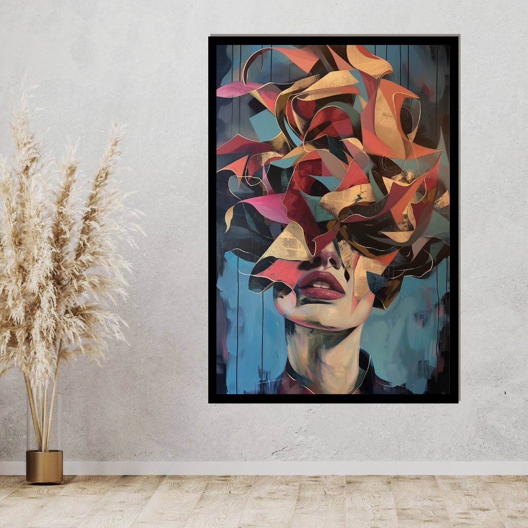 “Pieces of Persona” by ArtixHub – figurative canvas wall art depicting a woman fragmented by flowing ribbons in bold red, pink, and white hues, ideal for dressing rooms, studios, or bedroom spaces. This expressive piece captures movement, identity, and transformation, perfect for UAE homes with artistic and fashion-forward interiors.