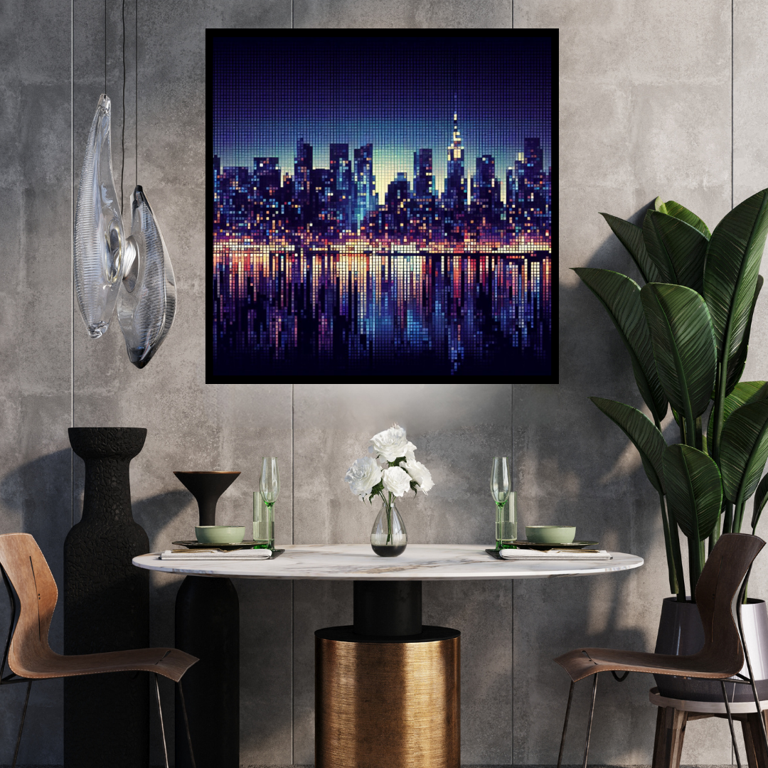 “Pixel Skylines” by ArtixHub – pop art canvas wall art featuring a stylized digital city skyline in bold tones of red, yellow, and navy with pixelated design elements, ideal for game rooms, studios, or modern lounge areas. This playful and tech-inspired piece adds vibrant urban edge to UAE homes with a creative spirit.