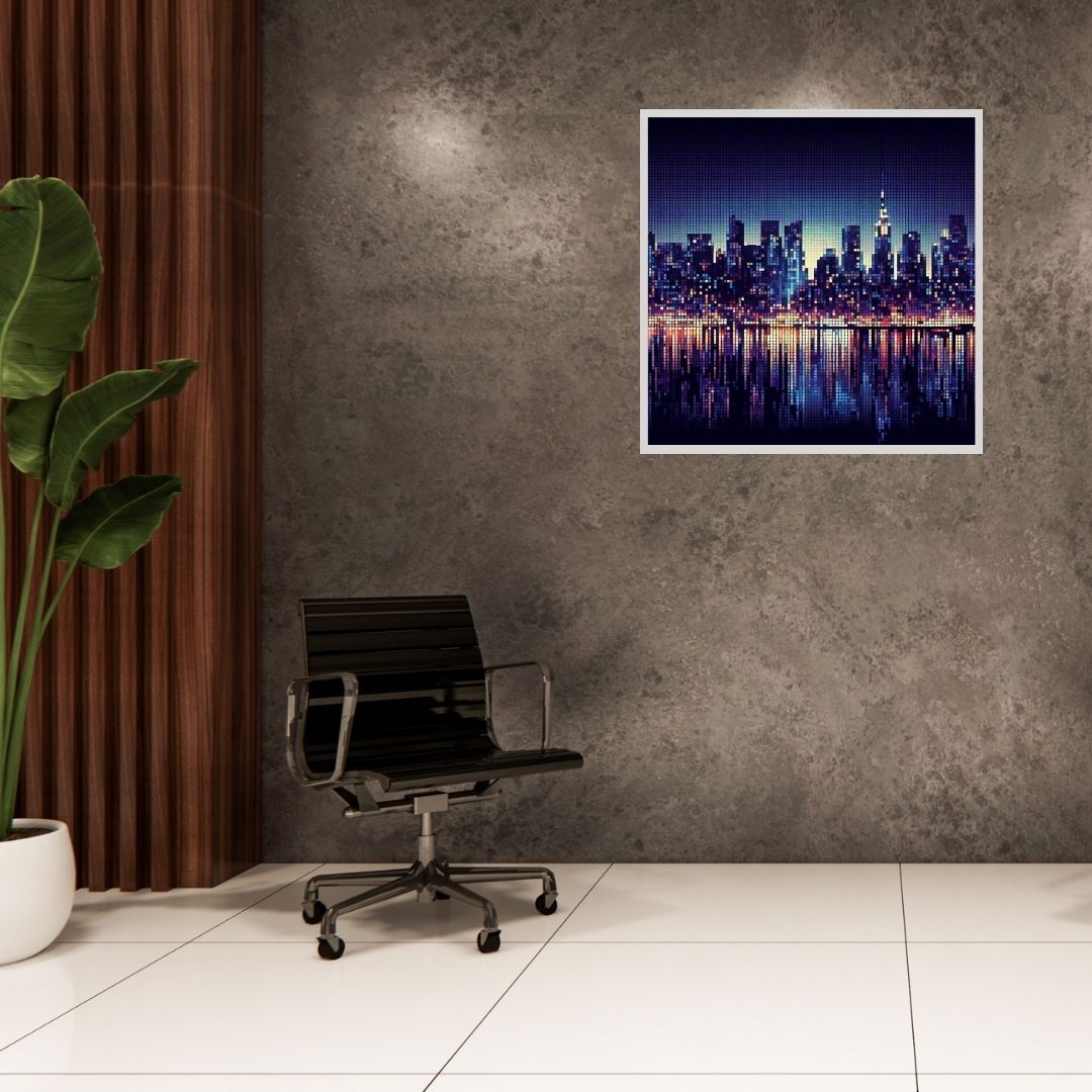 “Pixel Skylines” by ArtixHub – pop art canvas wall art featuring a stylized digital city skyline in bold tones of red, yellow, and navy with pixelated design elements, ideal for game rooms, studios, or modern lounge areas. This playful and tech-inspired piece adds vibrant urban edge to UAE homes with a creative spirit.